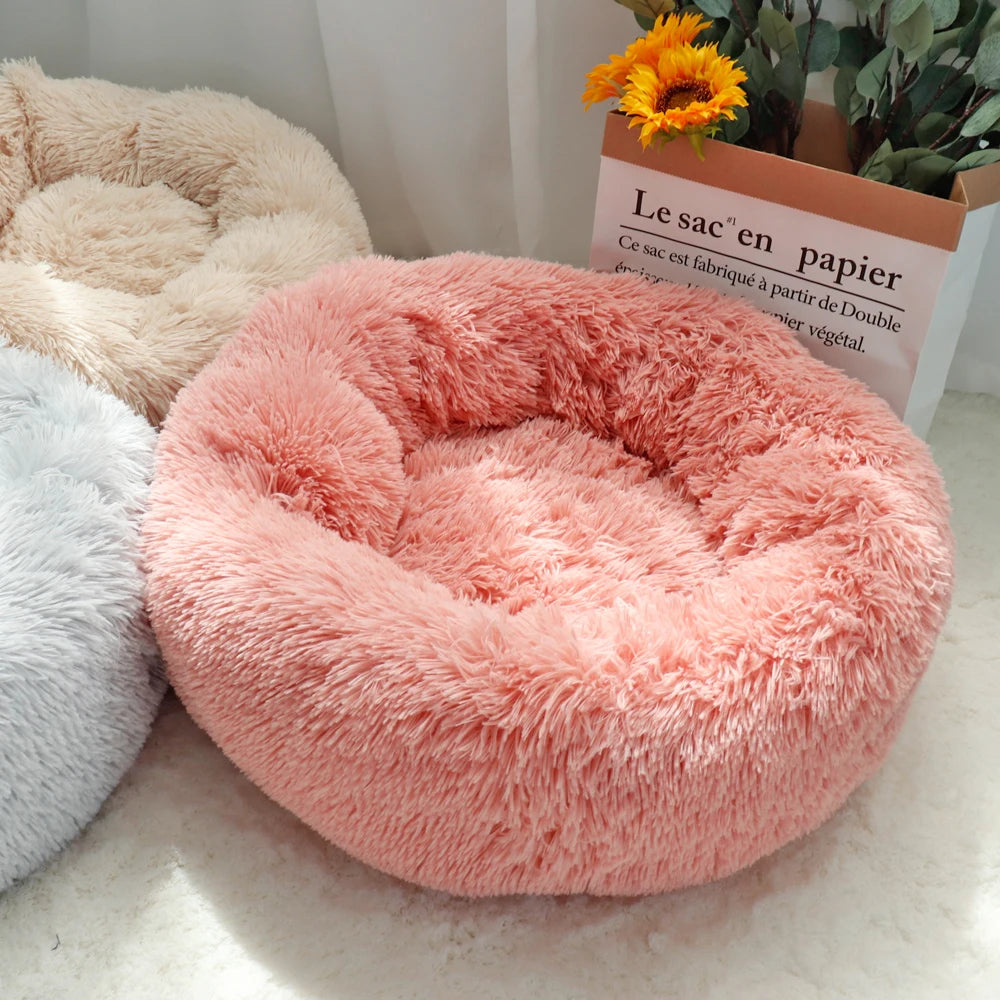 Fluffy Calming Dog Bed – Long Plush Donut Pet Bed for Dogs & Cats