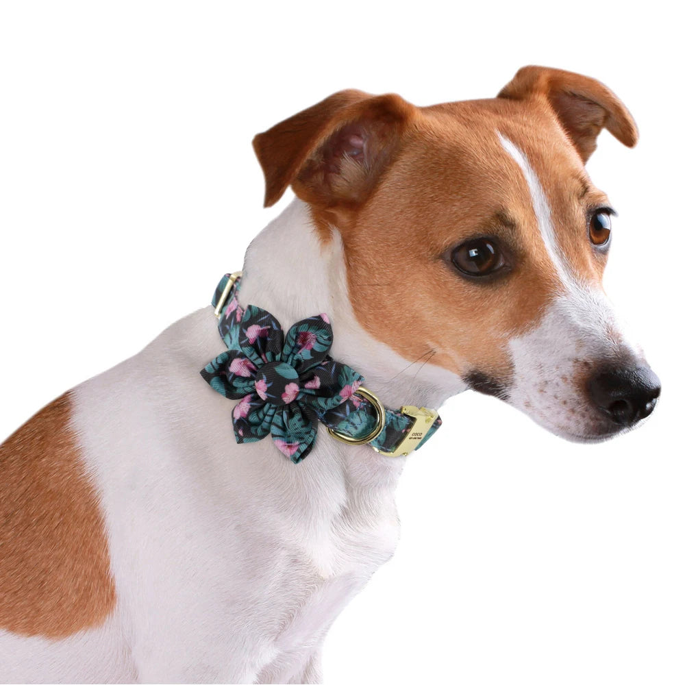 Personalized Dog Collar with Flower Print – Custom Engraved Nameplate | Adjustable Nylon Pet ID Collar for Small, Medium & Large Dogs