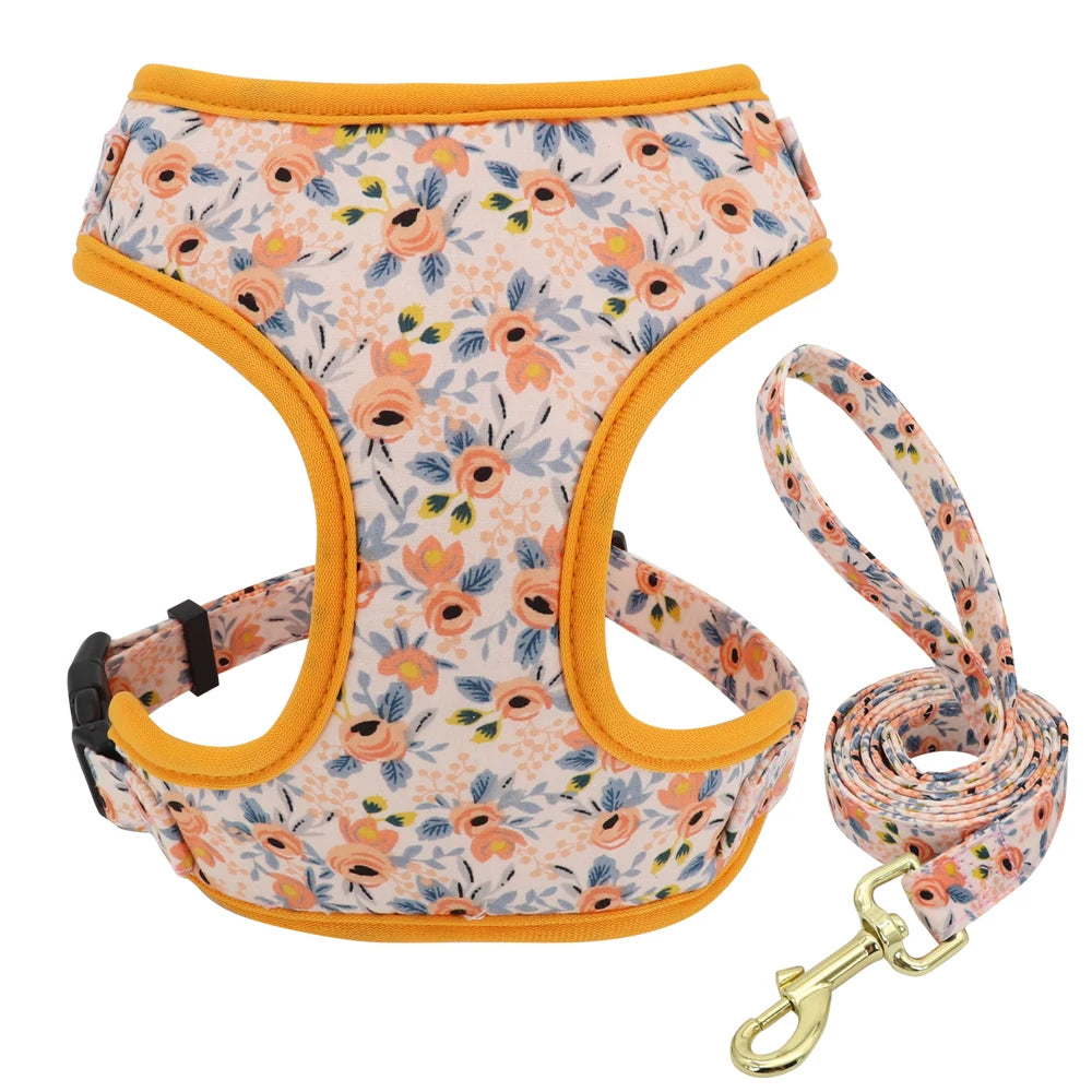 Adjustable Nylon Mesh Dog Harness Leash Set – Cute Printed Vest & Collar for Small & Medium Dogs & Cats (French Bulldog, Chihuahua, Yorkie, Puppy)