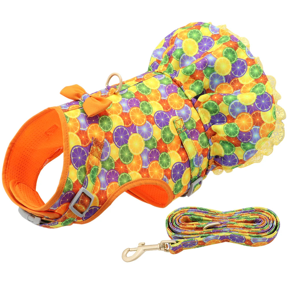 Cute Printed Dog & Cat Harness Leash Set – Summer Pet Dress Vest for Small Dogs & Cats (Chihuahua, Yorkie, Pug, French Bulldog)
