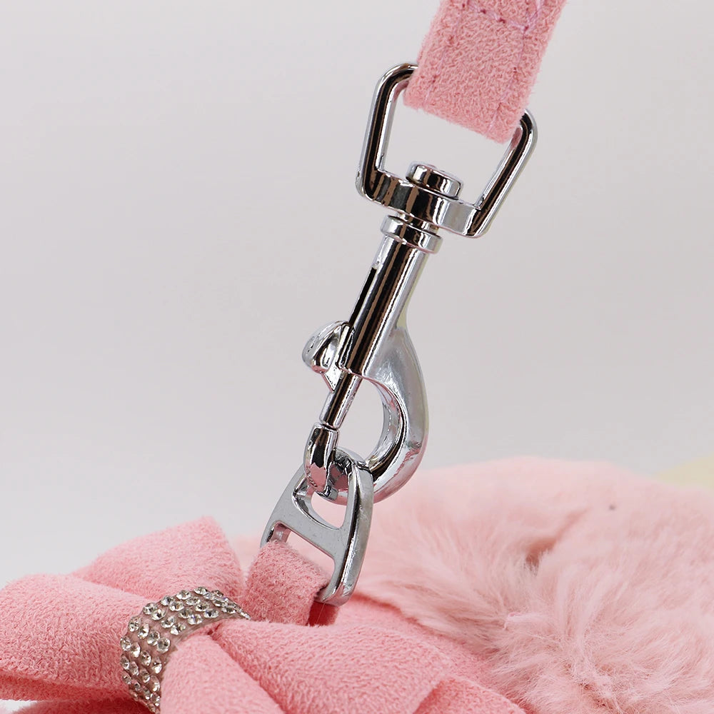 Warm Fur Dog Harness and Leash Set Rhinestone Bowknot Pet Vest Winter Pets Puppy Clothes Vest Small Dog Clothing French Bulldog