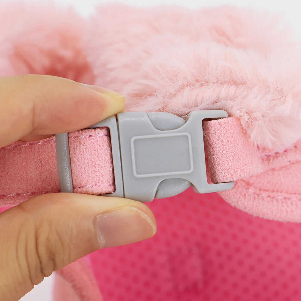 Warm Fur Dog Harness and Leash Set Rhinestone Bowknot Pet Vest Winter Pets Puppy Clothes Vest Small Dog Clothing French Bulldog