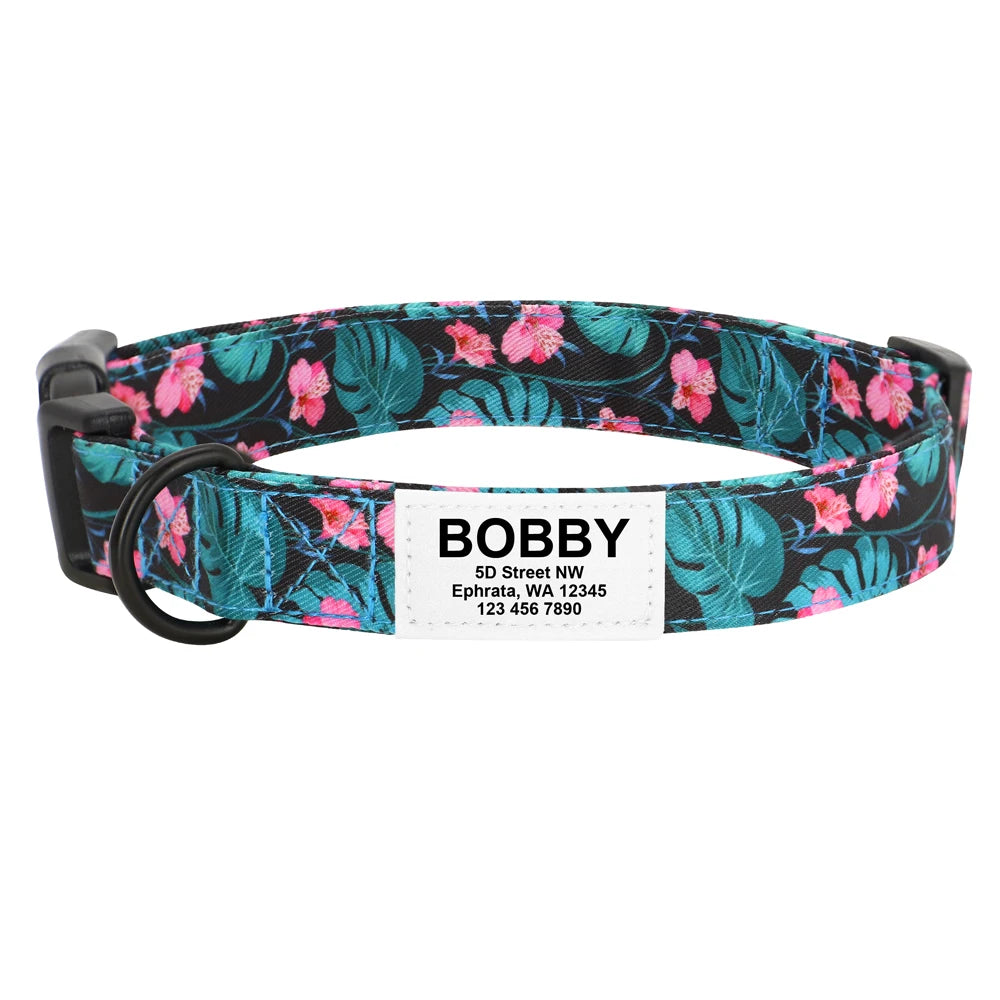 Customized Nylon Dog Collar – Floral Printed Personalized ID Tag for Dogs & Cats