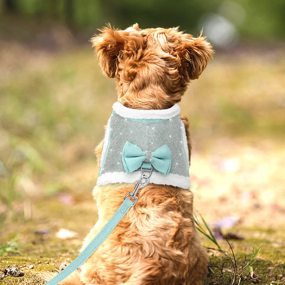 Bling Rhinestones Harness For Small Dogs Cats Soft Warm Dog Harness Vest Leash Set With Bowtie Winter Pet Clothes For Chihuahua