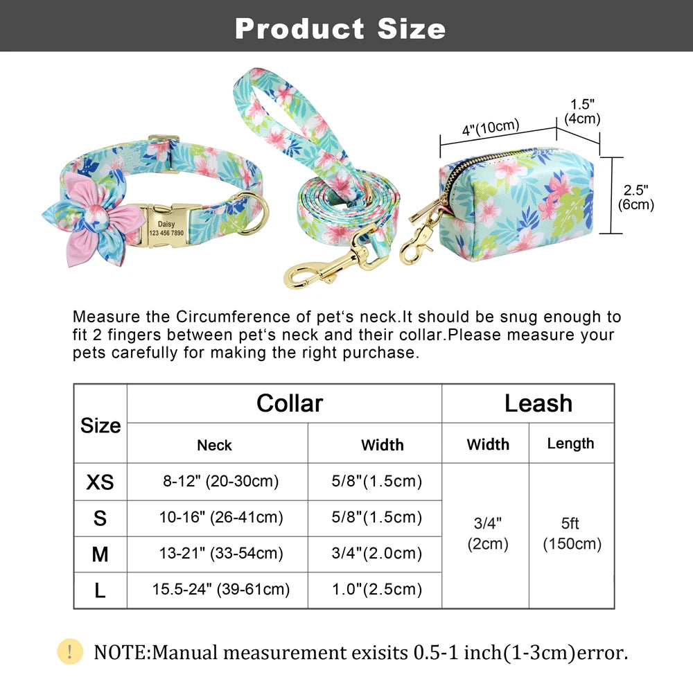 Personalized Floral Dog Collar Set – Collar + Leash + Poop Bag