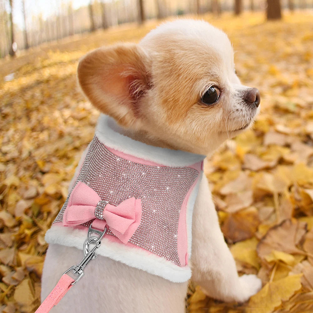 Bling Rhinestones Harness For Small Dogs Cats Soft Warm Dog Harness Vest Leash Set With Bowtie Winter Pet Clothes For Chihuahua