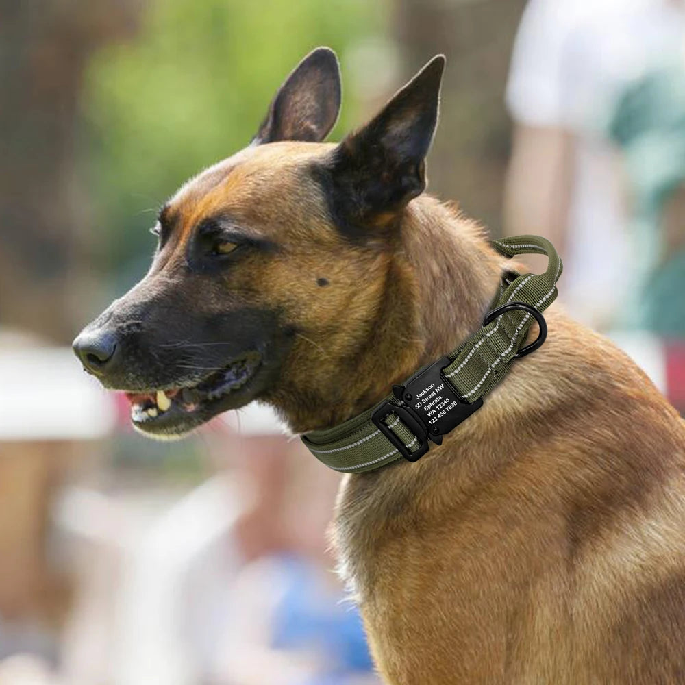Personalized Military Tactical Dog Collar – Custom Engraved Nylon Training Collar with Handle for Medium & Large Dogs