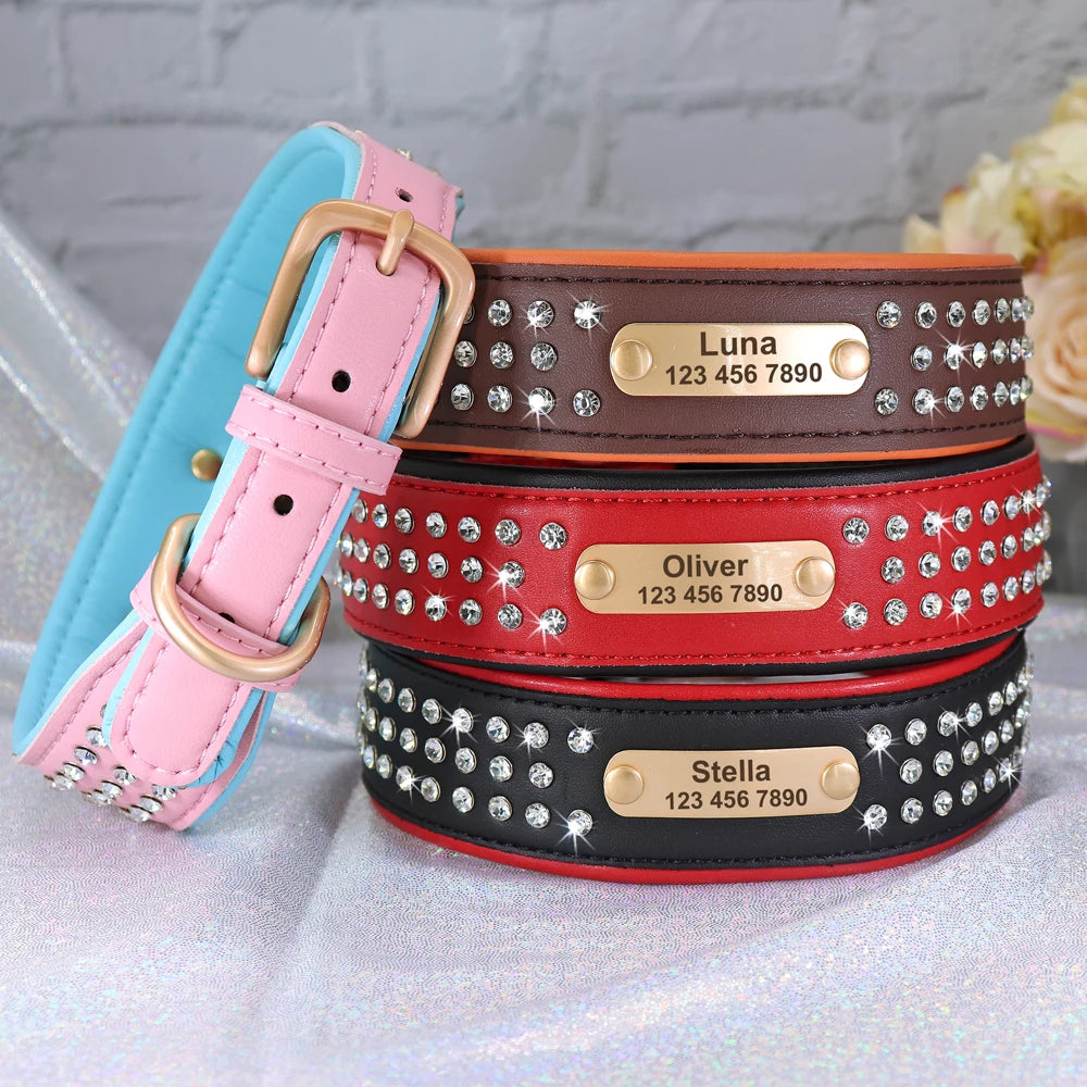 Personalized Dog Collar with Rhinestones – Custom Engraved Leather Pet ID Collar | Adjustable for Small, Medium & Large Dogs