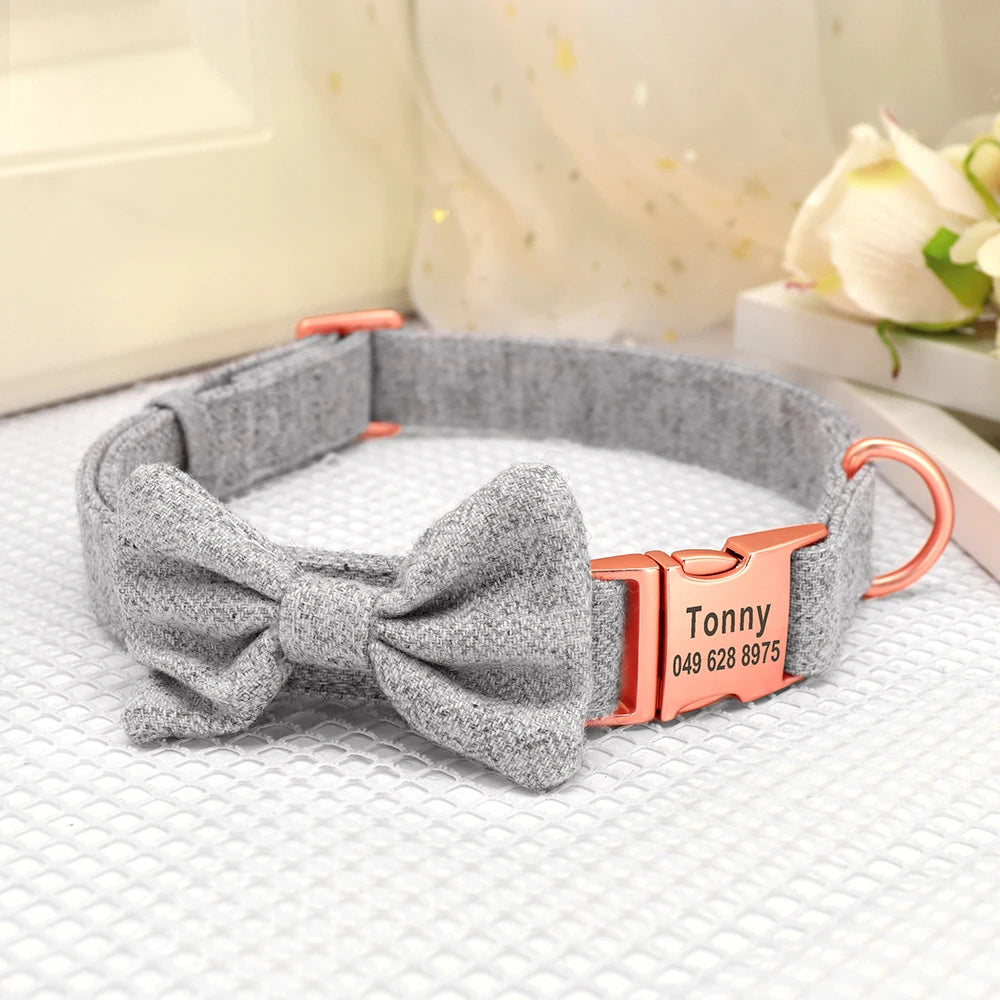 Custom Bowtie Dog Collar – Personalized Floral ID Tag with Engraved Name & Phone Number