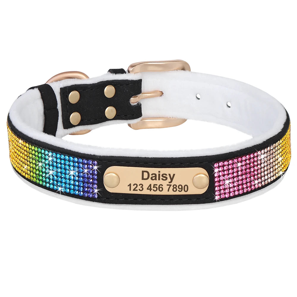 Personalized Dog Tag Collar – Bling Rhinestone Nylon Pet Collar with Soft Padded Lining, Free Engraving for Small Medium Dogs & Cats