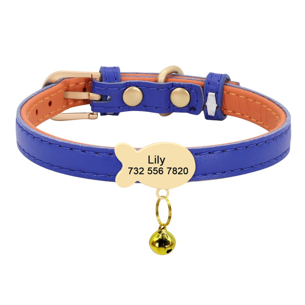 Personalized Leather Cat Collar – Custom Engraved Nameplate with Bell – Adjustable for Kittens, Cats & Small Dogs