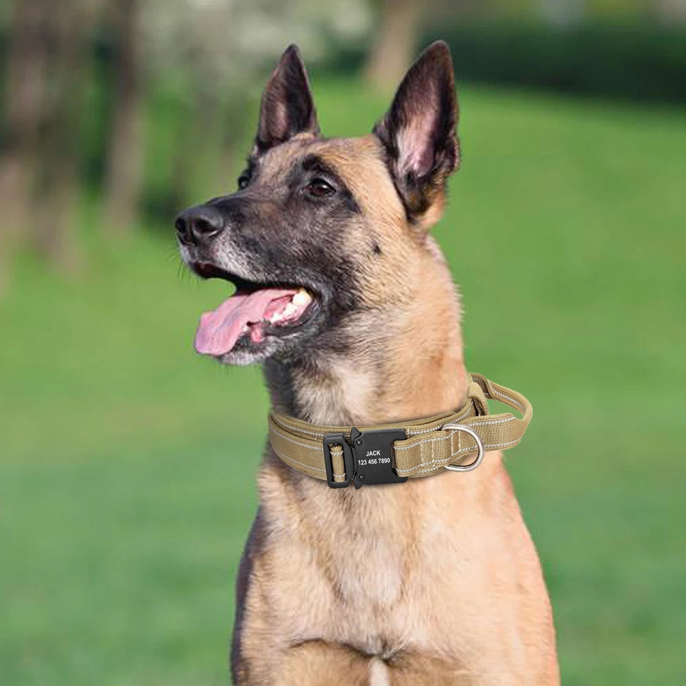 Personalized Military Tactical Dog Collar – Custom Engraved Nylon Training Collar with Handle for Medium & Large Dogs