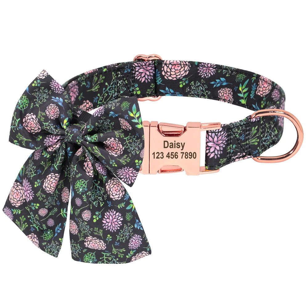 Personalized Puppy Dog Cat Collar with Bowknot – Custom Engraved Nameplate