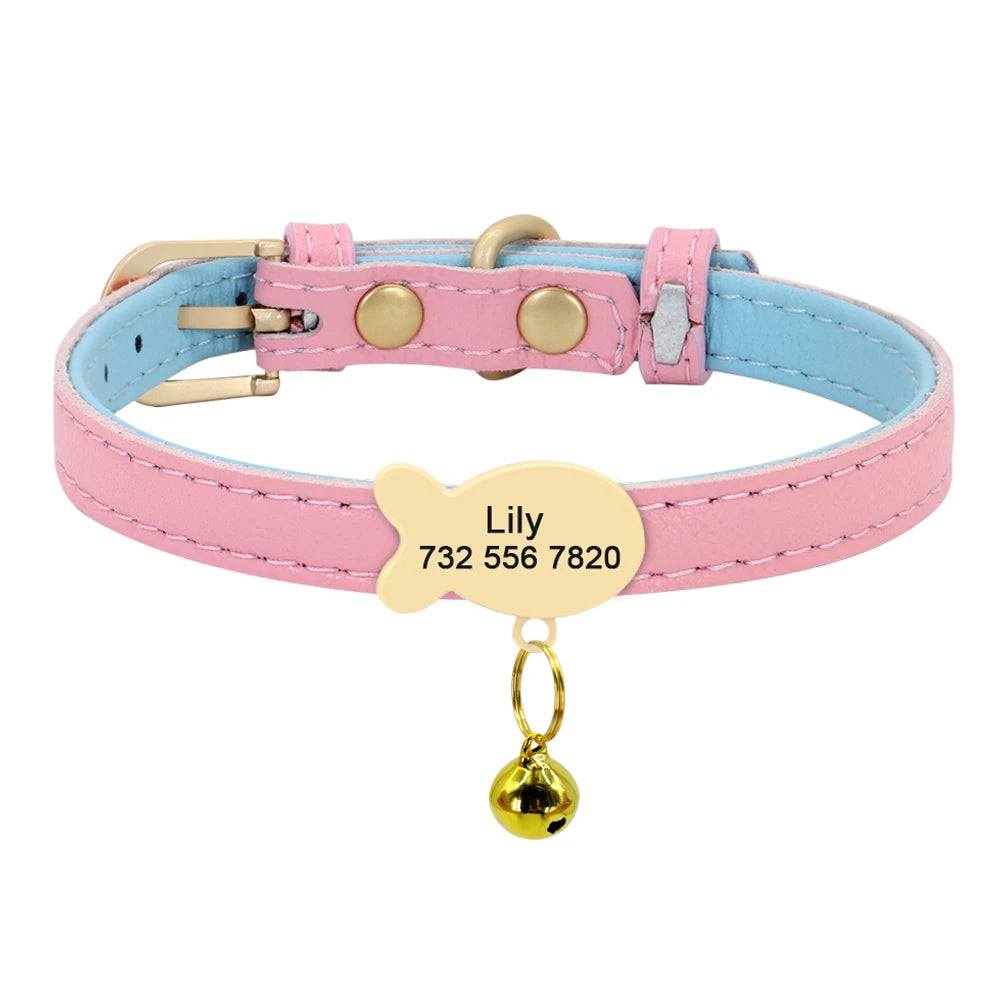 Personalized Leather Cat Collar – Custom Engraved Nameplate with Bell – Adjustable for Kittens, Cats & Small Dogs