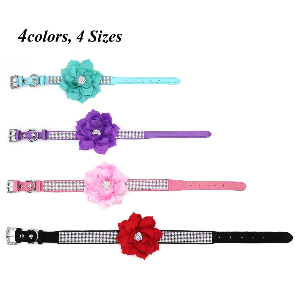 Bling Rhinestone Dog Collar with Flower – Sparkly Crystal Puppy & Cat Necklace for Chihuahua, Yorkie, Poodle