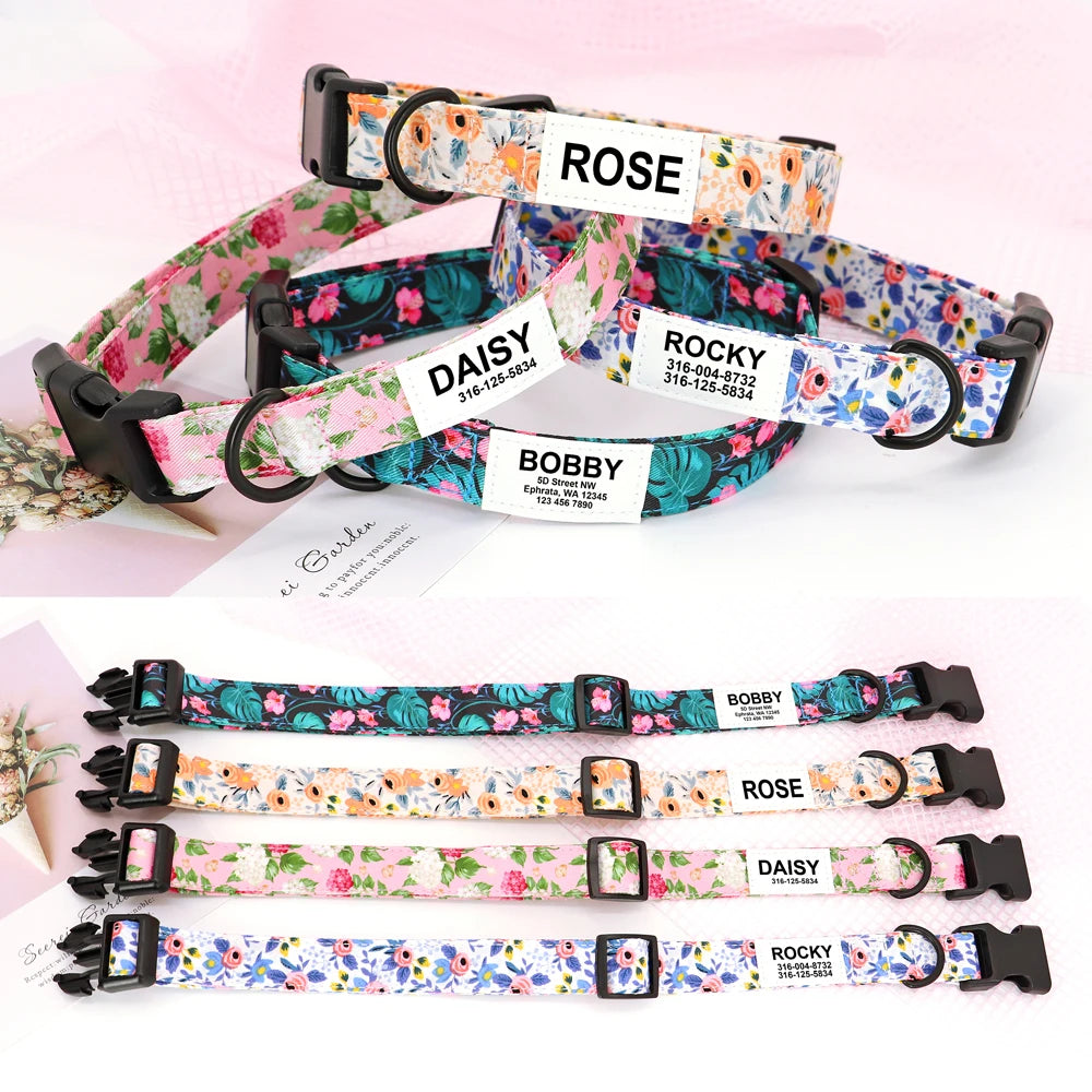 Customized Nylon Dog Collar – Floral Printed Personalized ID Tag for Dogs & Cats