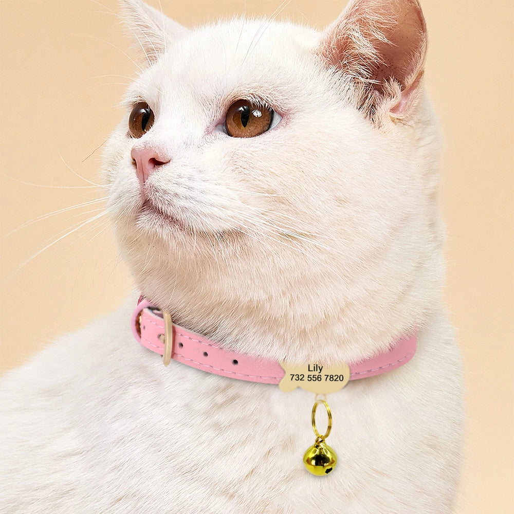 Personalized Leather Cat Collar – Custom Engraved Nameplate with Bell – Adjustable for Kittens, Cats & Small Dogs