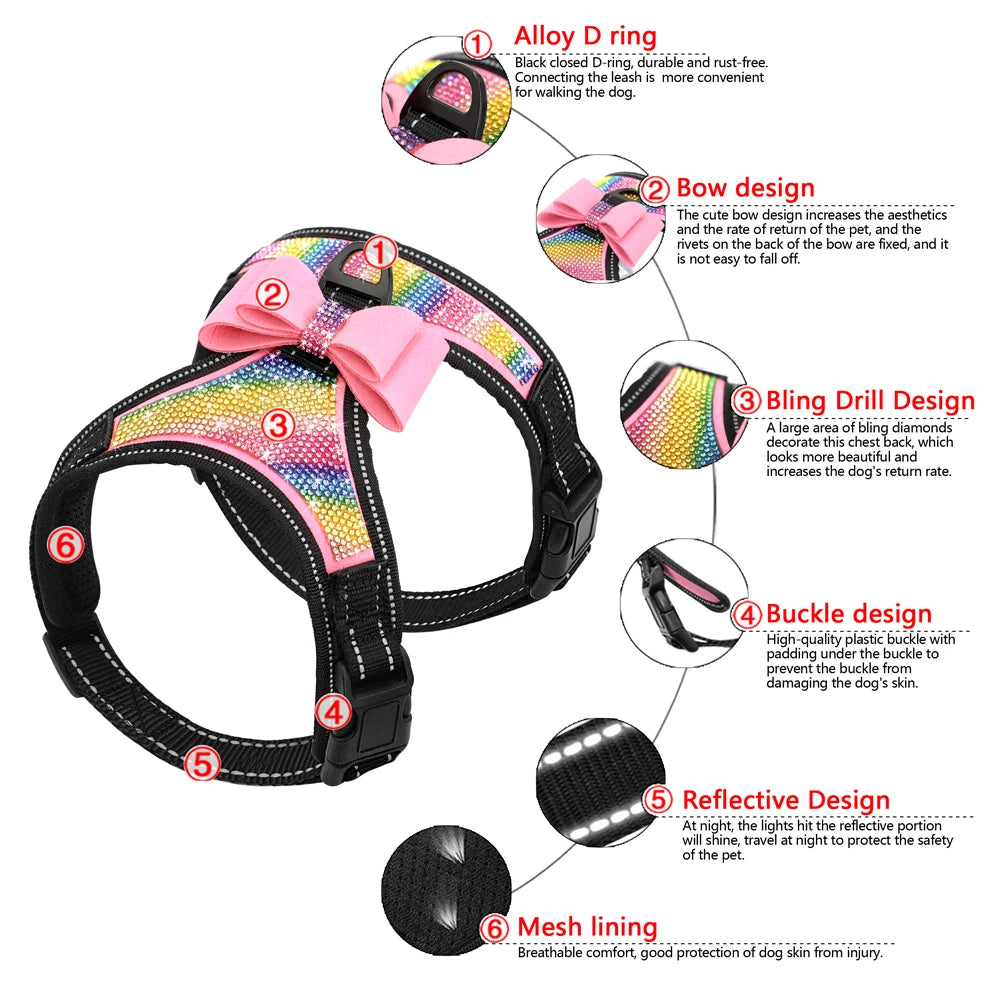 Bling Rhinestone Dog Harness – Reflective Fashion Vest with Bowknot