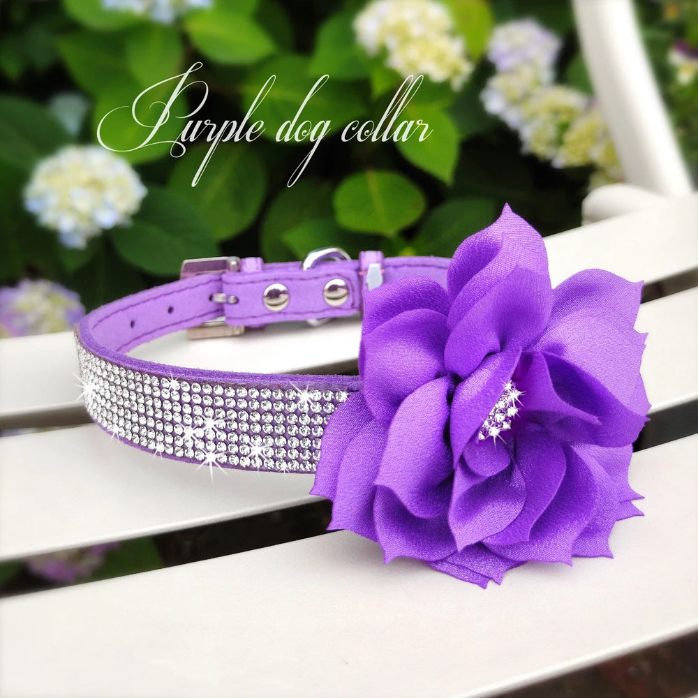 Bling Rhinestone Dog Collar with Flower – Sparkly Crystal Puppy & Cat Necklace for Chihuahua, Yorkie, Poodle