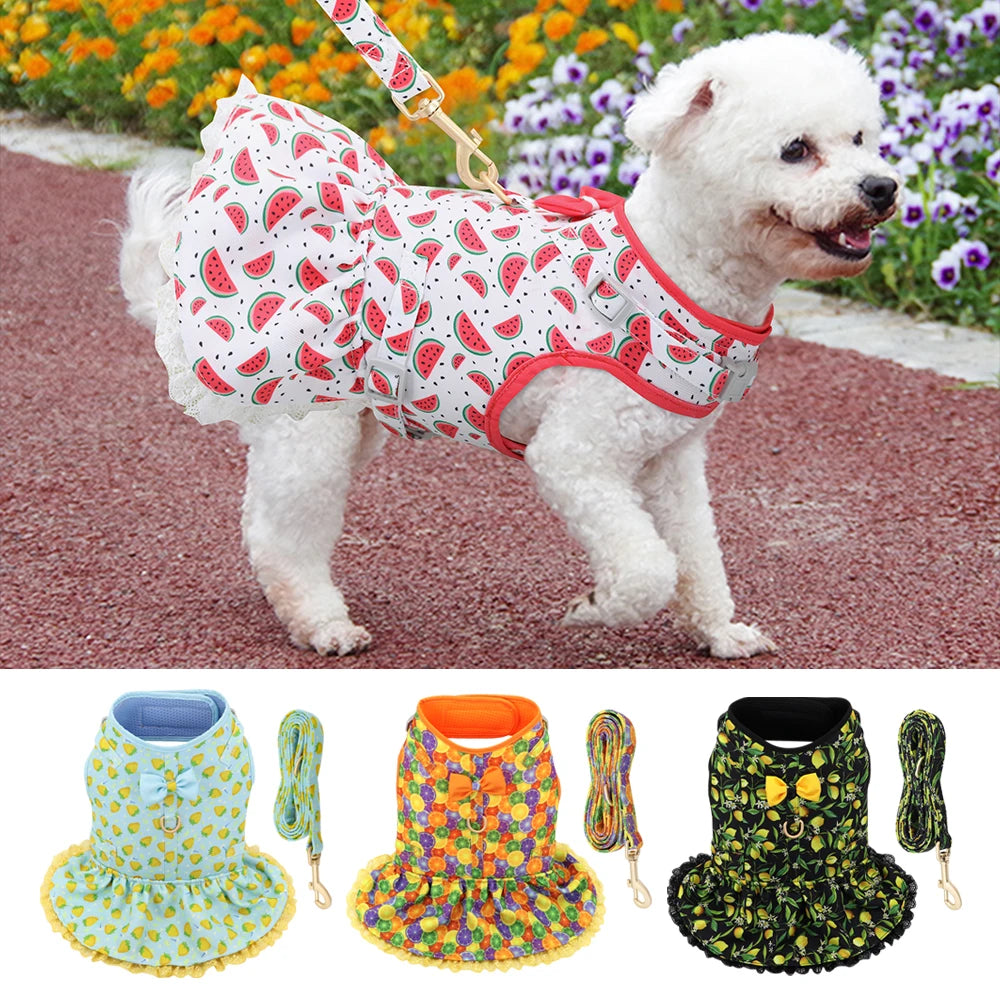 Cute Printed Dog & Cat Harness Leash Set – Summer Pet Dress Vest for Small Dogs & Cats (Chihuahua, Yorkie, Pug, French Bulldog)