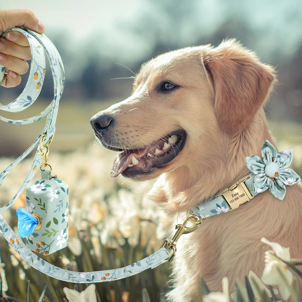 Personalized Floral Dog Collar Set – Collar + Leash + Poop Bag