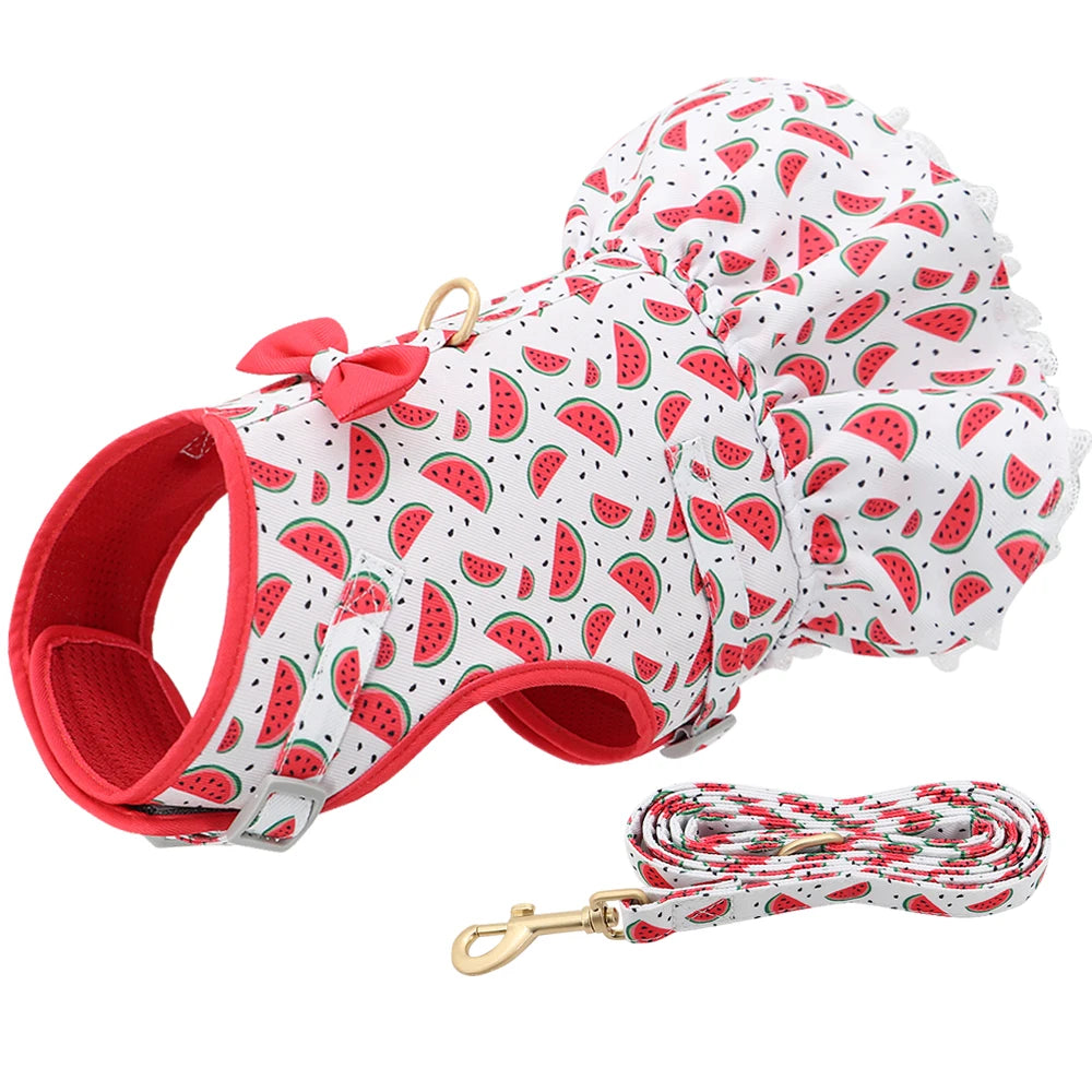 Cute Printed Dog & Cat Harness Leash Set – Summer Pet Dress Vest for Small Dogs & Cats (Chihuahua, Yorkie, Pug, French Bulldog)