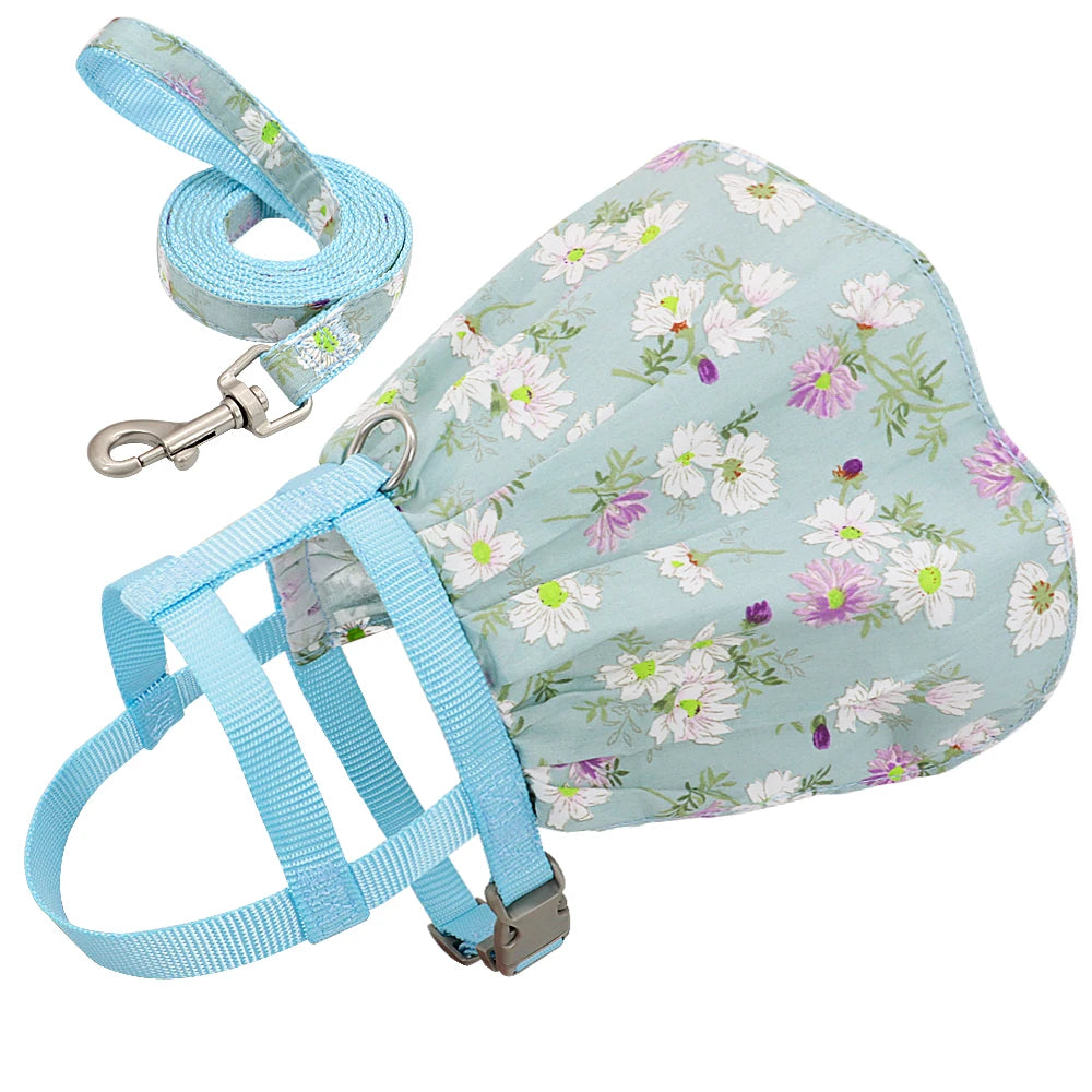 Floral Printed Dog & Cat Harness Dress – Adjustable Vest with Matching Leash for Small & Medium Pets