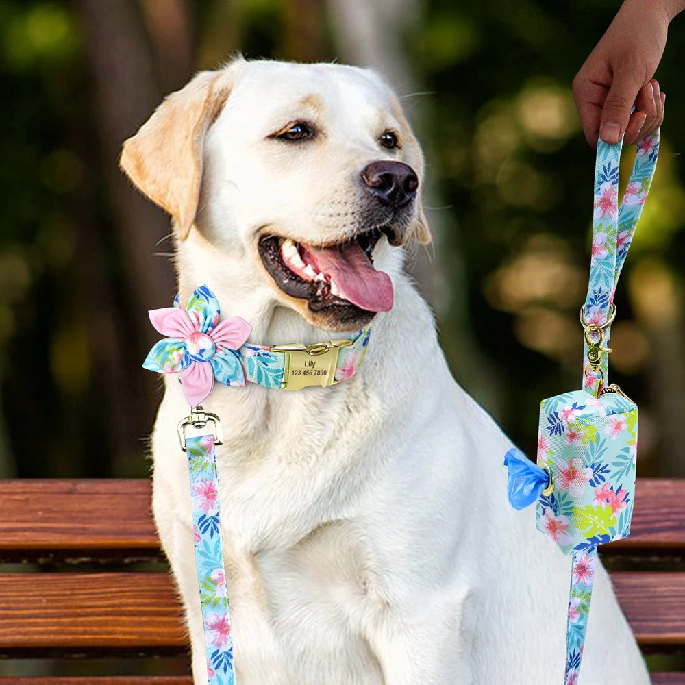 Personalized Floral Dog Collar Set – Collar + Leash + Poop Bag