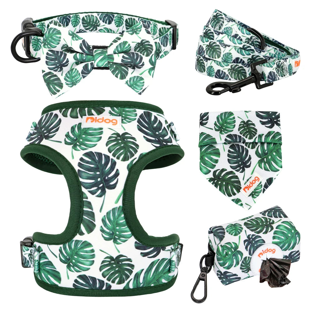 6-Piece Dog Harness Set – Fashion Printed Harness with Matching Collar, Leash, Bandana, Bowtie & Poop Bag Holder for Small & Medium Dogs