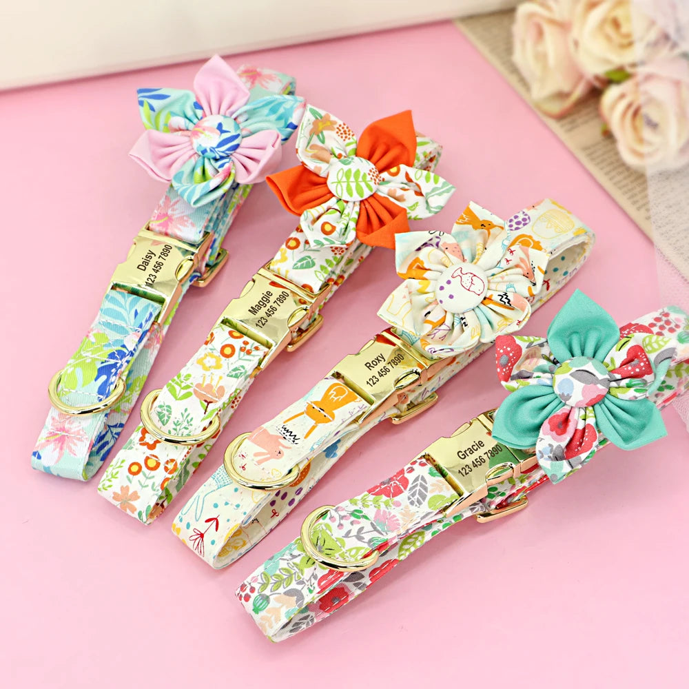 Personalized Floral Dog Collar Set – Collar + Leash + Poop Bag
