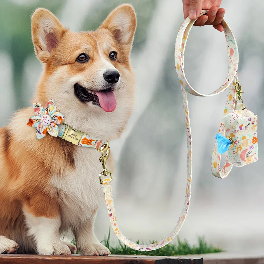 Personalized Floral Dog Collar Set – Collar + Leash + Poop Bag