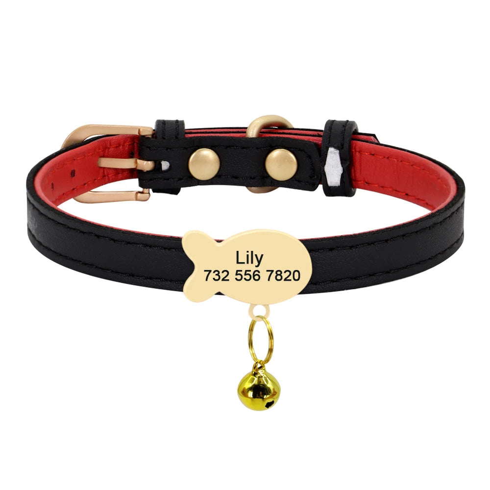 Personalized Leather Cat Collar – Custom Engraved Nameplate with Bell – Adjustable for Kittens, Cats & Small Dogs