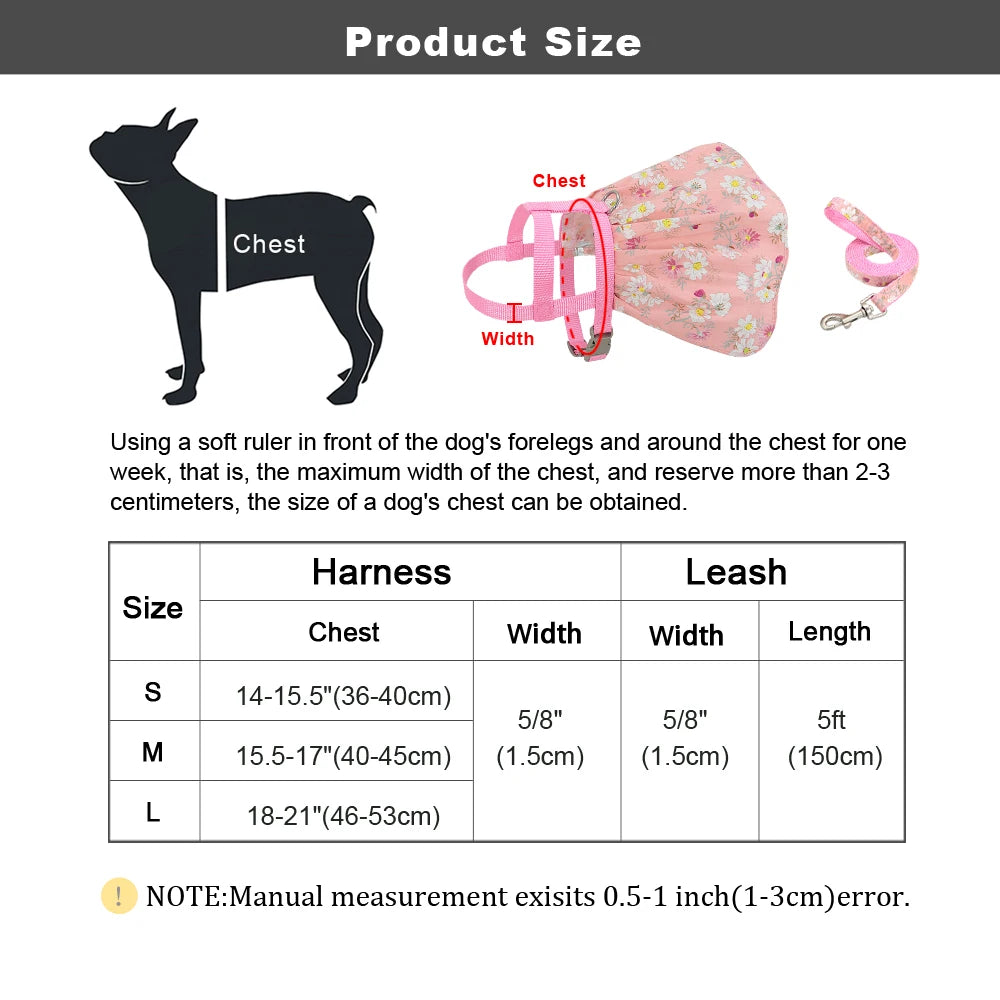 Floral Printed Dog & Cat Harness Dress – Adjustable Vest with Matching Leash for Small & Medium Pets