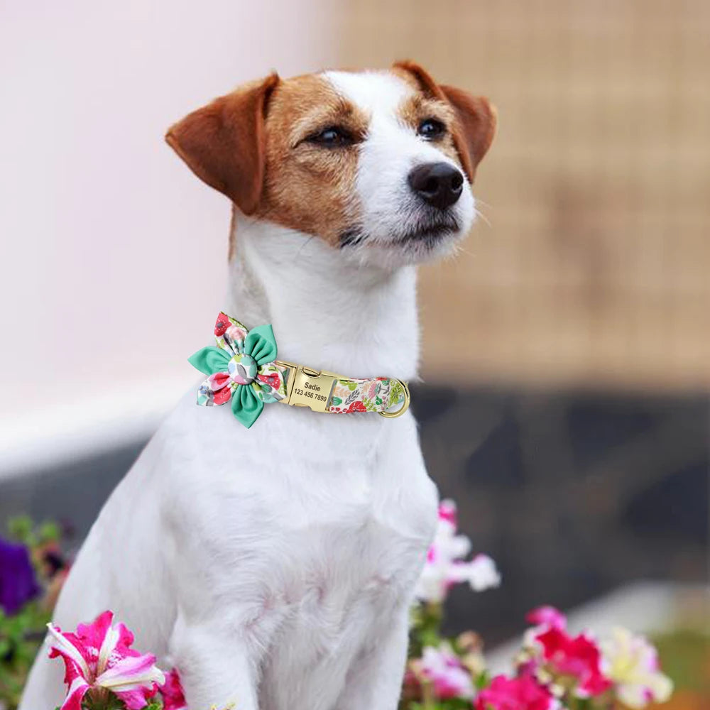 Personalized Dog Collar with Flower Print – Custom Engraved Nameplate | Adjustable Nylon Pet ID Collar for Small, Medium & Large Dogs