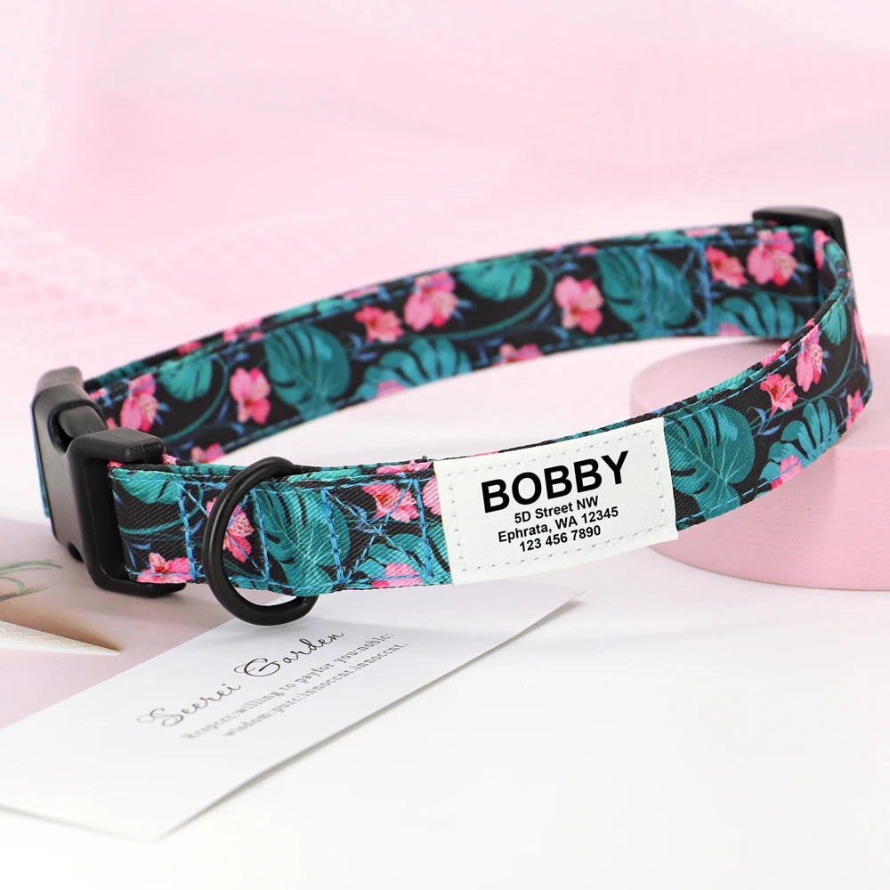 Customized Nylon Dog Collar – Floral Printed Personalized ID Tag for Dogs & Cats