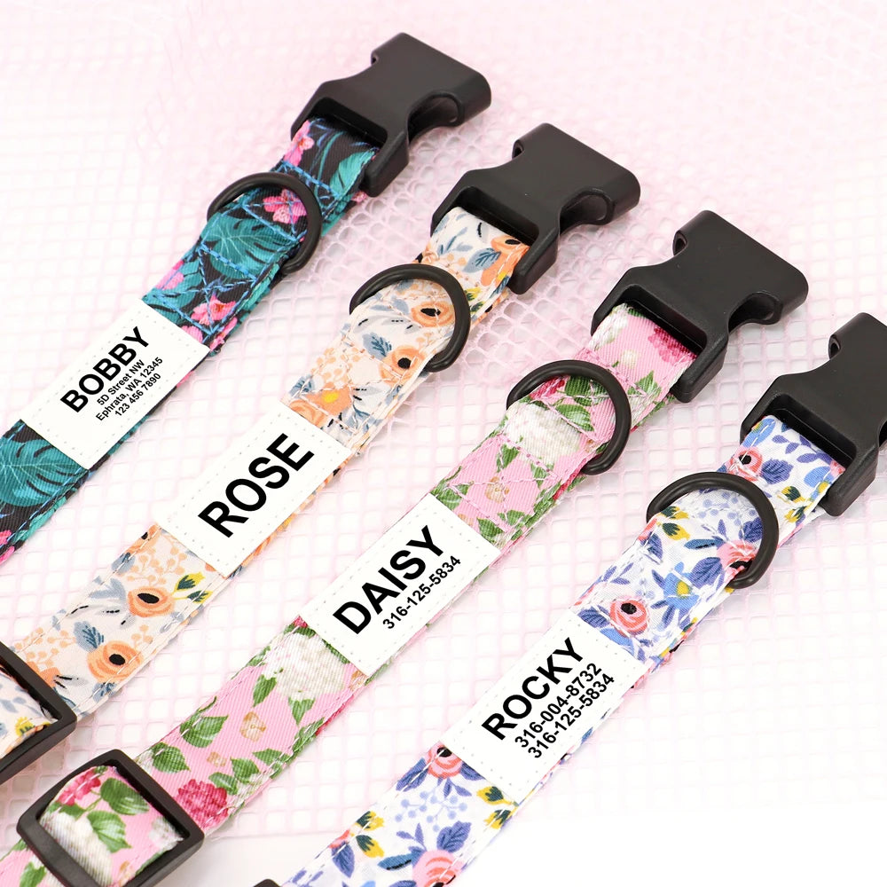 Customized Nylon Dog Collar – Floral Printed Personalized ID Tag for Dogs & Cats
