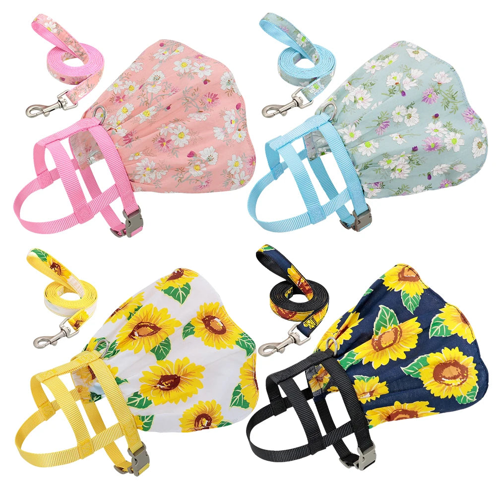 Floral Printed Dog & Cat Harness Dress – Adjustable Vest with Matching Leash for Small & Medium Pets