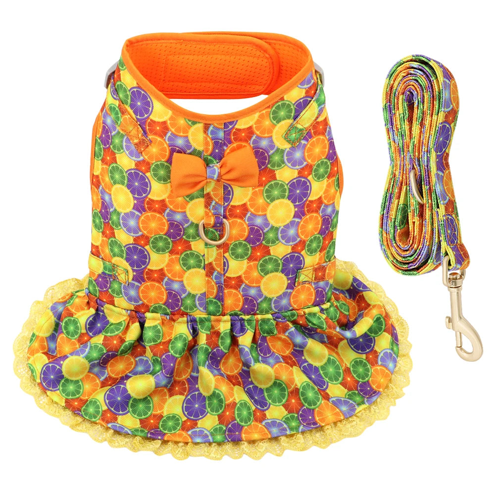 Cute Printed Dog & Cat Harness Leash Set – Summer Pet Dress Vest for Small Dogs & Cats (Chihuahua, Yorkie, Pug, French Bulldog)