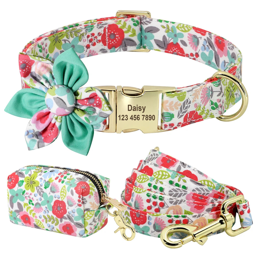 Personalized Floral Dog Collar Set – Collar + Leash + Poop Bag