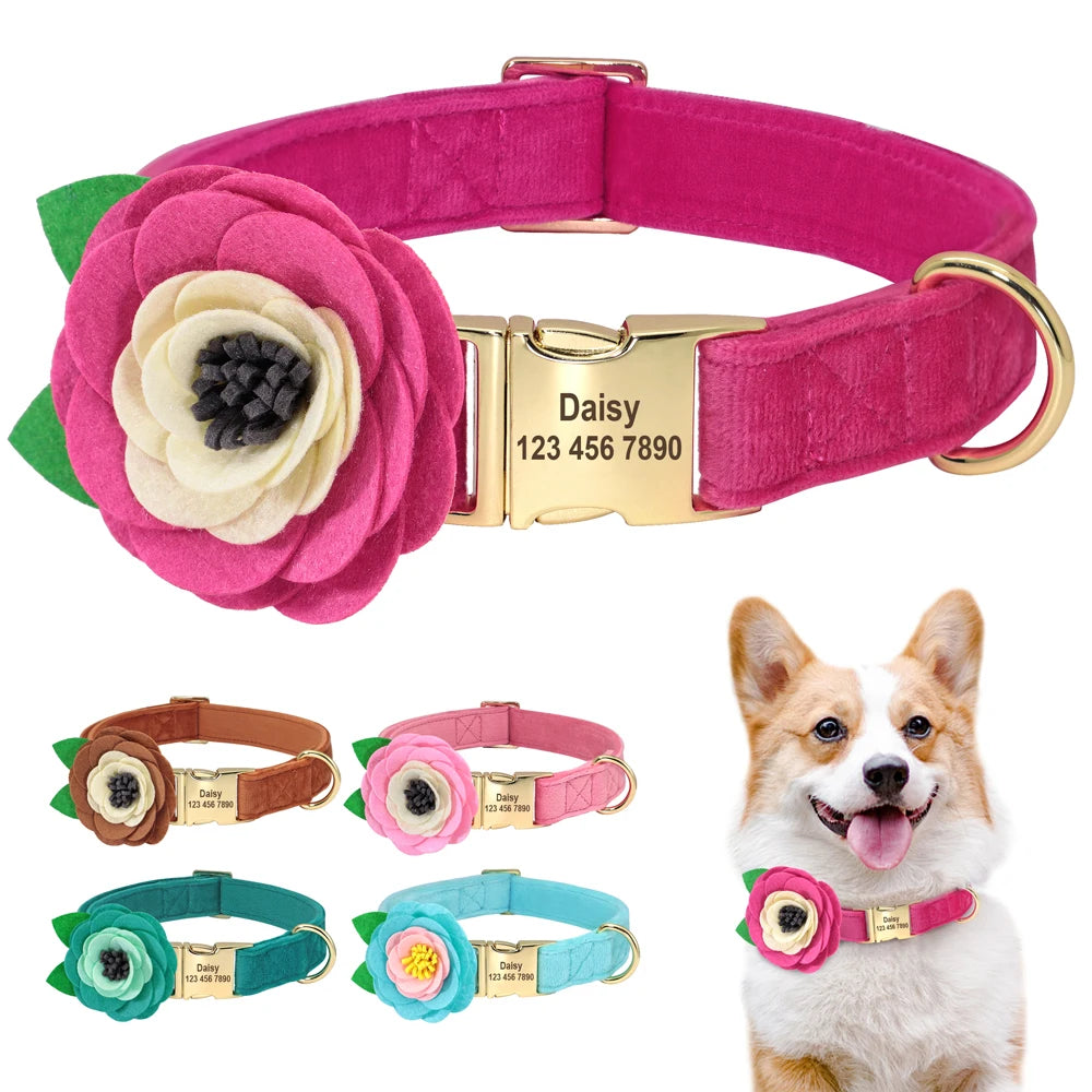 Personalized Floral Dog Collar – Custom Engraved Buckle with Cute Flower Accessory for Dogs & Cats