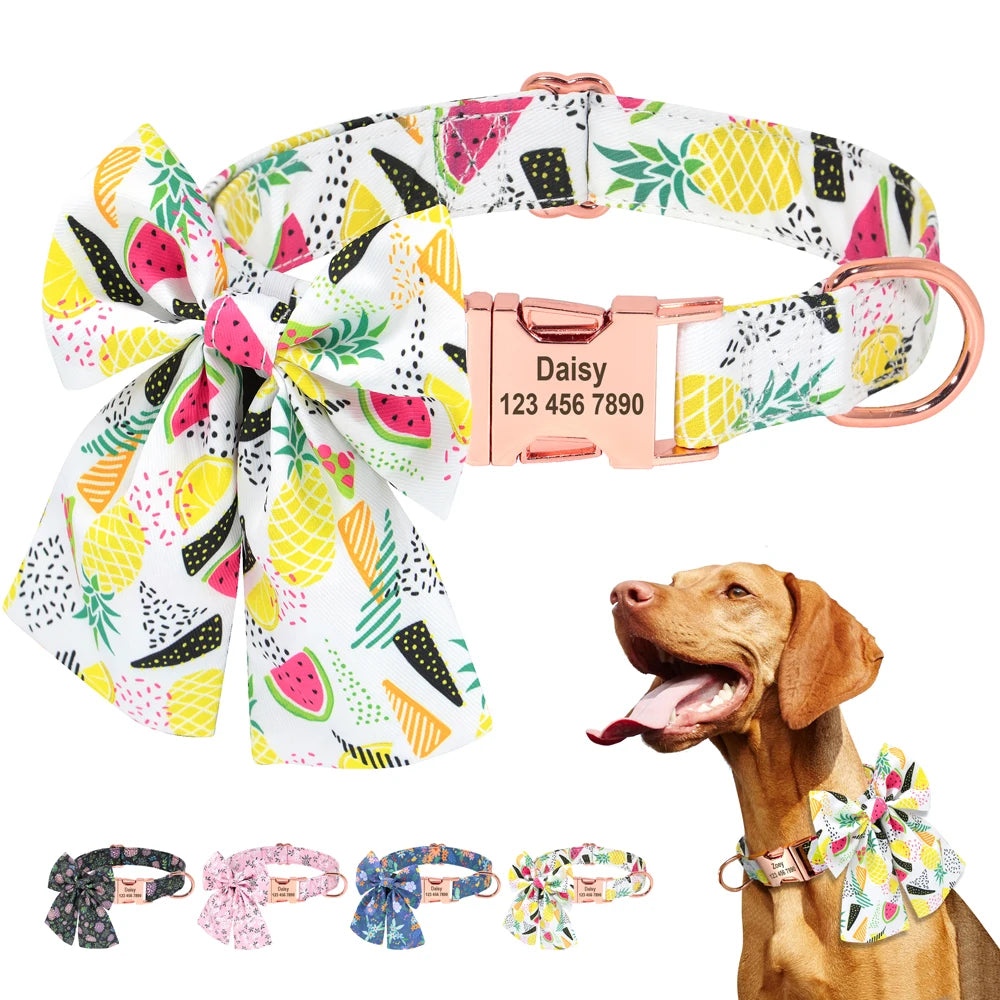 Personalized Puppy Dog Cat Collar with Bowknot – Custom Engraved Nameplate