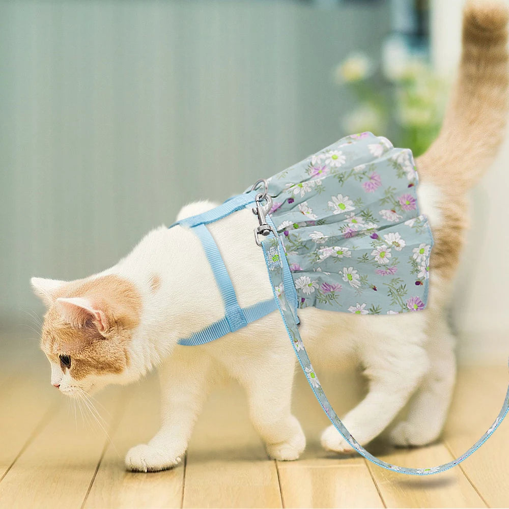Floral Printed Dog & Cat Harness Dress – Adjustable Vest with Matching Leash for Small & Medium Pets