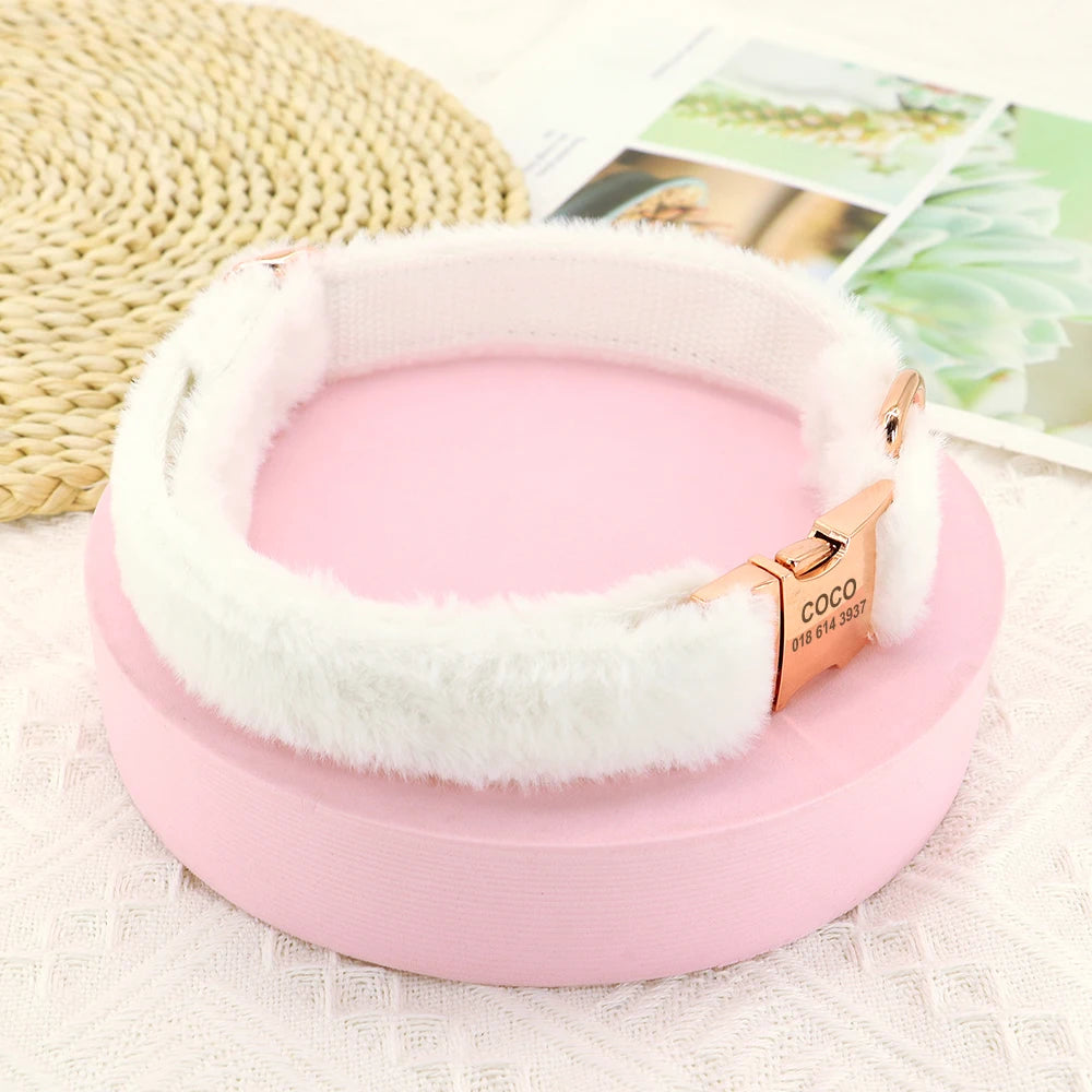 Soft Personalized Dog Collar – Winter Warm Fur Customized ID Collars for Small, Medium & Large Dogs (French Bulldog, Chihuahua)
