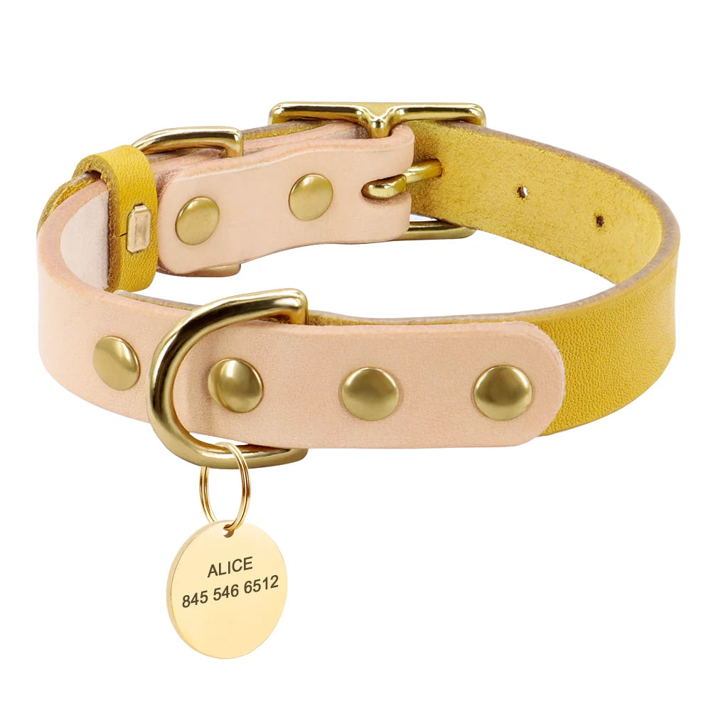 Custom Dog Cat Collar Personalized Leather Pet Dog Collar Engraved Dog Name ID Tags For Small Medium Dogs Chihuahua Yorkshire