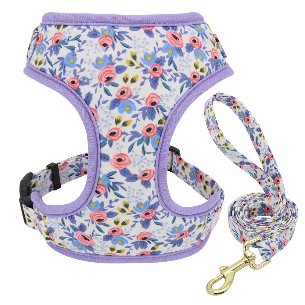 Adjustable Nylon Mesh Dog Harness Leash Set – Cute Printed Vest & Collar for Small & Medium Dogs & Cats (French Bulldog, Chihuahua, Yorkie, Puppy)