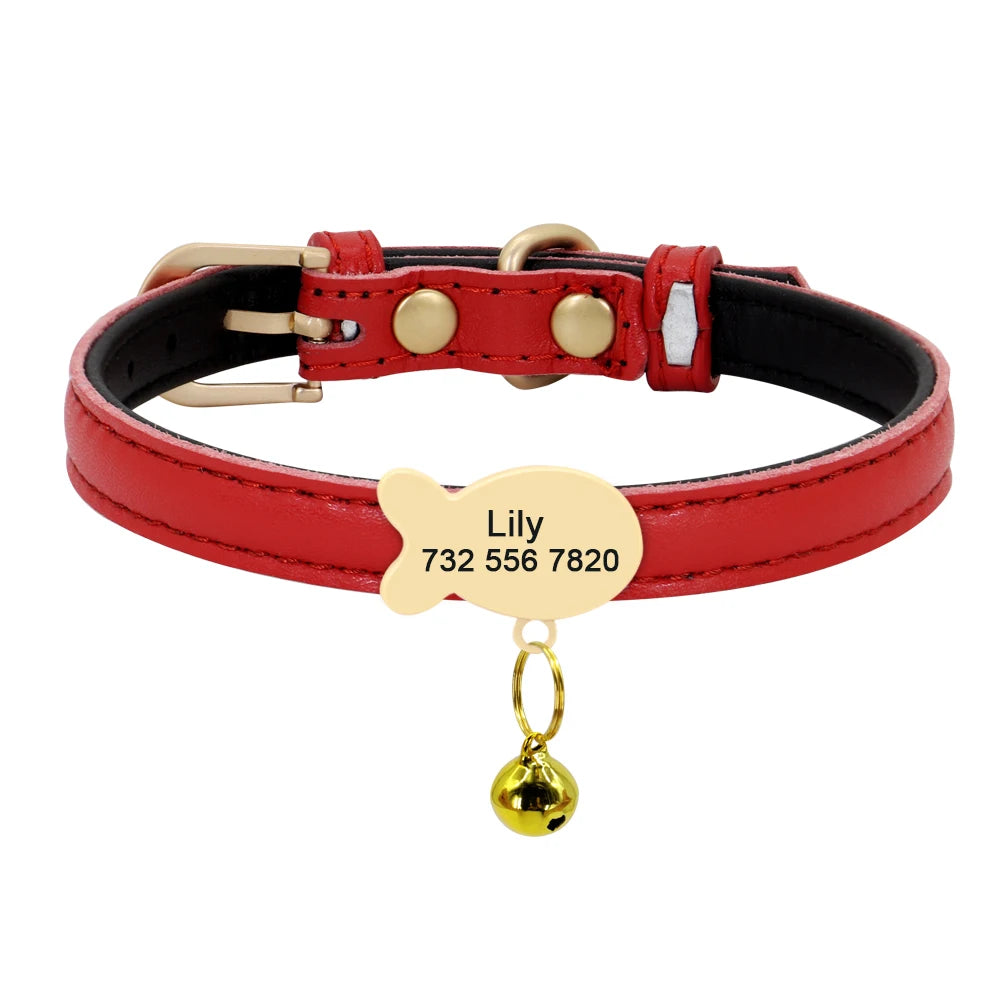 Personalized Leather Cat Collar – Custom Engraved Nameplate with Bell – Adjustable for Kittens, Cats & Small Dogs