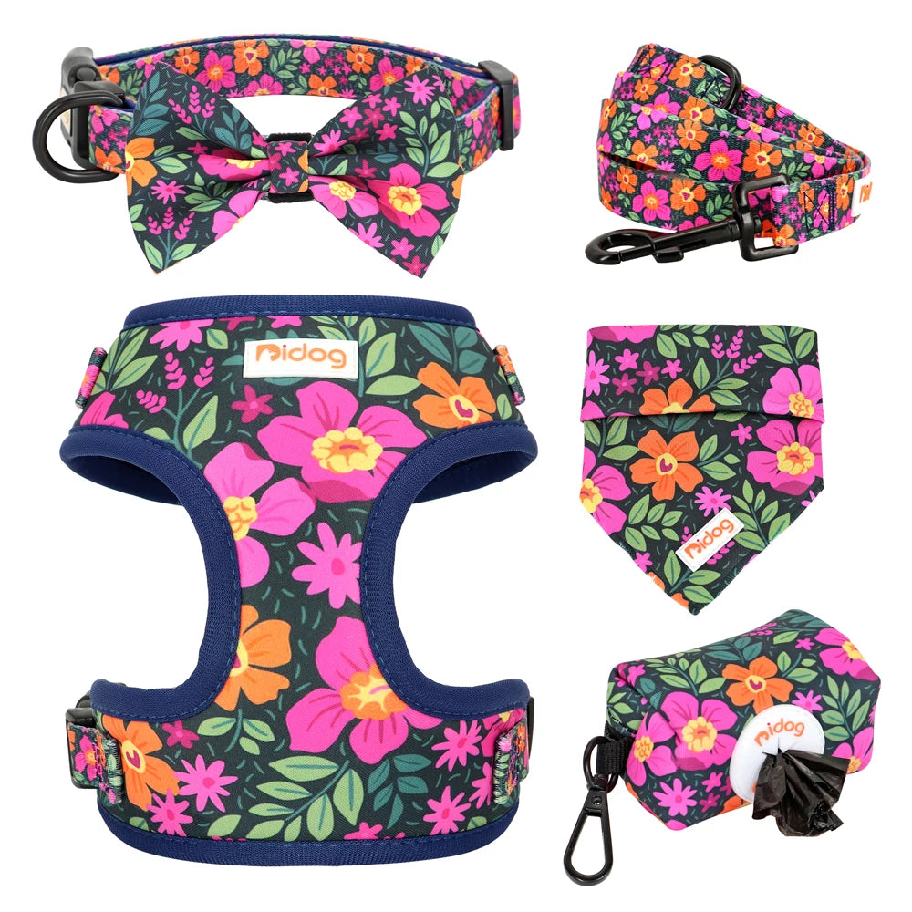 6-Piece Dog Harness Set – Fashion Printed Harness with Matching Collar, Leash, Bandana, Bowtie & Poop Bag Holder for Small & Medium Dogs