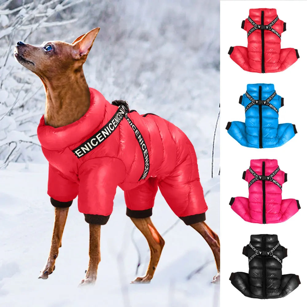 Warm Large Dog Jacket Coat With Harness – Winter Waterproof Dog Jumpsuit