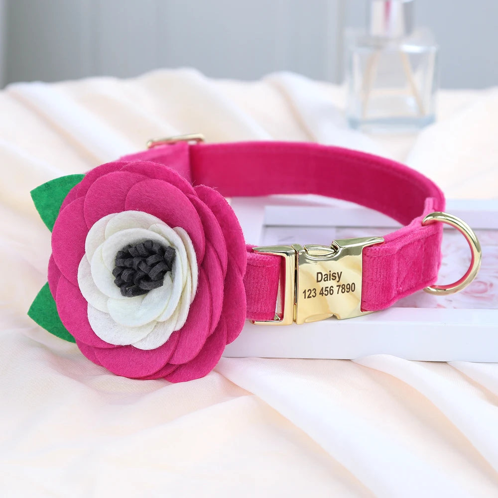 Personalized Floral Dog Collar – Custom Engraved Buckle with Cute Flower Accessory for Dogs & Cats