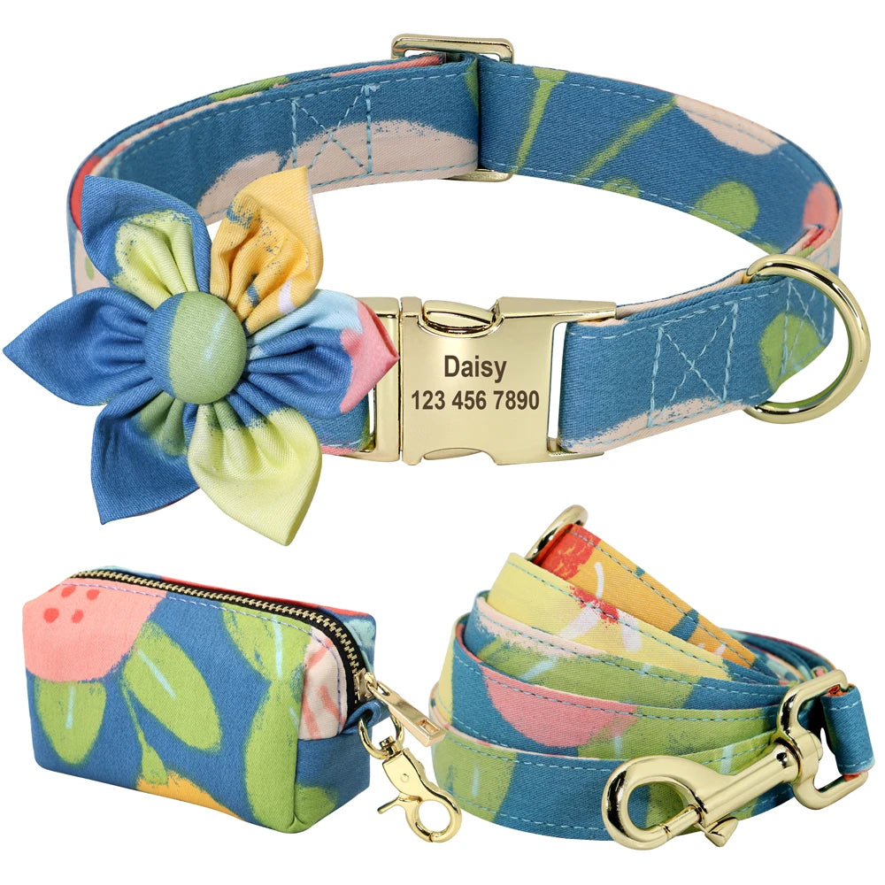 Personalized Floral Dog Collar Set – Collar + Leash + Poop Bag